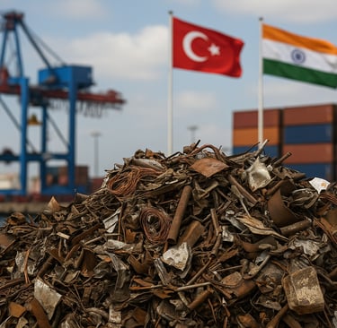 Scrap metal heap at a port with Turkey and India flags in the background.