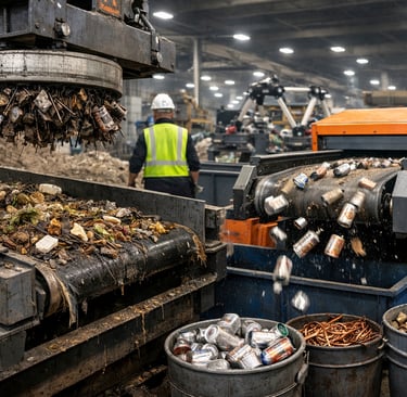 Industrial composting line removing steel and aluminum from organic waste.