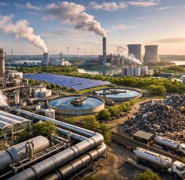 eco-industrial park with interconnected factories, shared pipelines, recycling operations, and water
