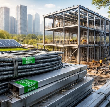 Steel-frame building with recycled metal materials in a resilient urban construction site.