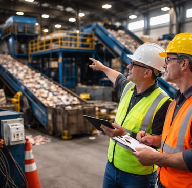 Two safety auditors review a tablet beside active conveyor lines in a recycling facility.