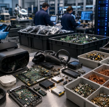 Technicians inspect retired XR headsets and IoT devices for secure data removal, repair, and metals.