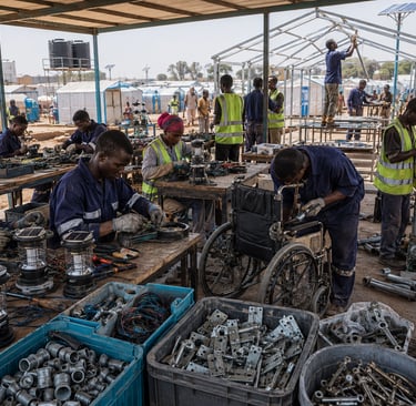 Workers repair solar lanterns, wheelchairs, pipes, and shelter frames inside a structured camp