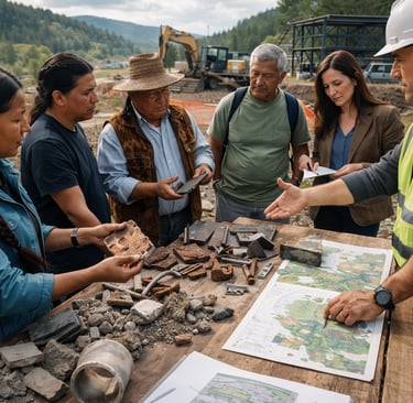 Community and engineers reviewing reclaimed materials and plans at a project site