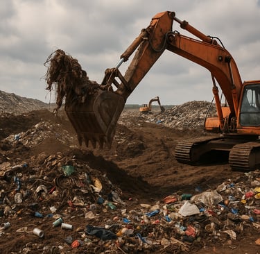 Excavator digging through landfill waste under cloudy sky.