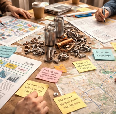 Close-up of a planning table with metal samples, maps, multilingual notes, and outreach materials