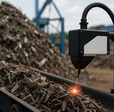LIBS sensor analyzes nickel scrap on a conveyor with a plasma spark.