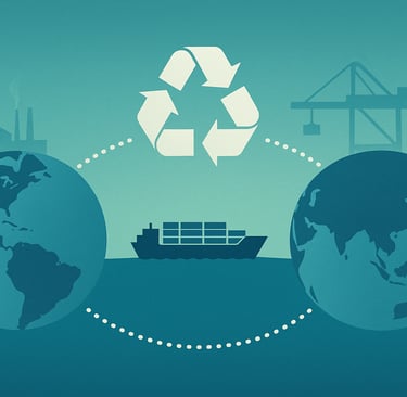 Cross-border circular trade illustration with two globes, a dotted shipping route, a cargo ship