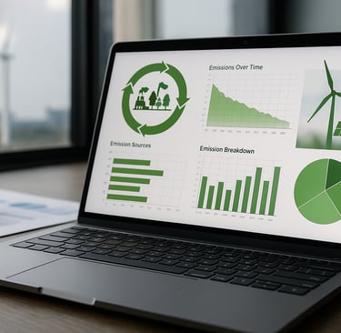 Laptop showing life cycle and emissions charts, with wind turbines outside an office window.