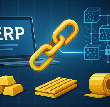 ERP linked to blockchain for metals traceability with digital chain and metal elements.