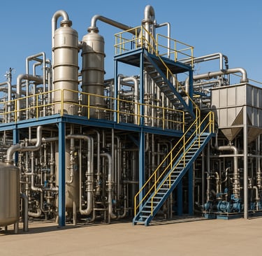 Industrial plant with tanks and pipes under clear blue sky.