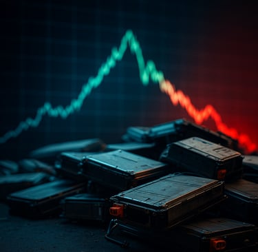 Discarded EV battery packs with a blurred price chart in the background.