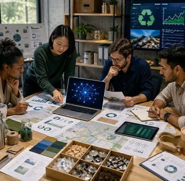 Sustainability team reviewing circular project data and grant materials with an AI-assisted laptop.
