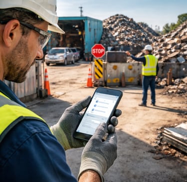 Visitor in safety gear checks a phone at a scrap yard entrance while a worker directs traffic 