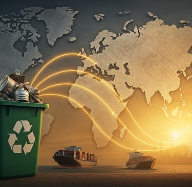 Recycling bin before metal world map with glowing trade routes and cargo ships.