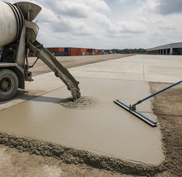 Fresh low carbon concrete poured and leveled in an industrial yard with containers in the background