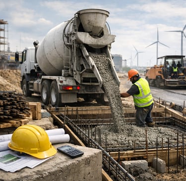  Concrete truck pouring into rebar foundation at a public works construction site with workers