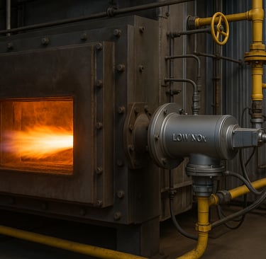 Industrial furnace with a low-NOx burner firing inside and connected gas piping.
