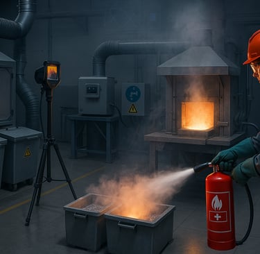 Worker extinguishing molten metal fire in magnesium processing lab.