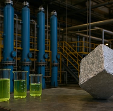 Magnesium recycling plant with ingot, green liquid beakers, and blue solvent extraction columns.