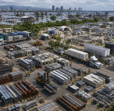 Organized material bank redeploying reused steel, modular parts, and microgrid systems.