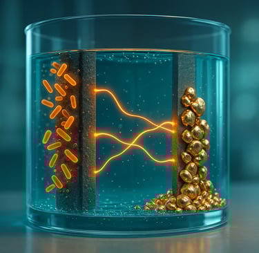 3D MEC: teal fluid, glowing microbes on one electrode, copper-gold deposits on the other.