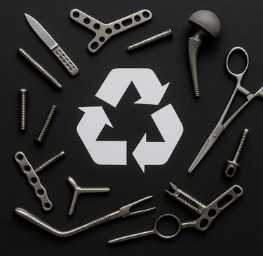 Surgical metal tools and implants arranged around a recycling symbol on a dark background.