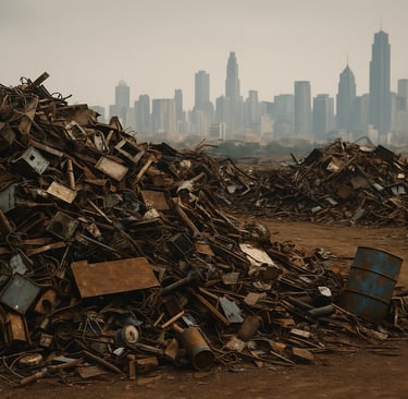 Scrap metal piles in a dusty yard with a city skyline in the background.