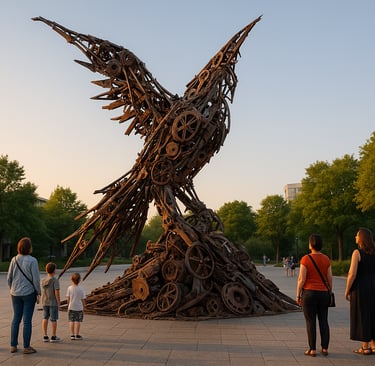 Golden-hour recycled-metal gear sculpture in a plaza with onlookers.