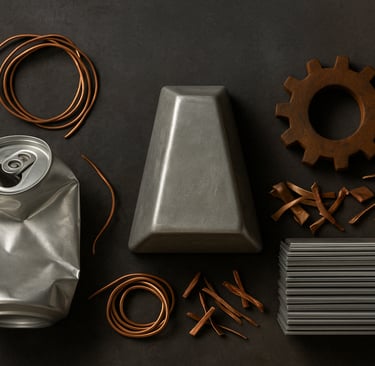 A photograph showcases various recyclable metals arranged on a dark surface, including a crumpled al