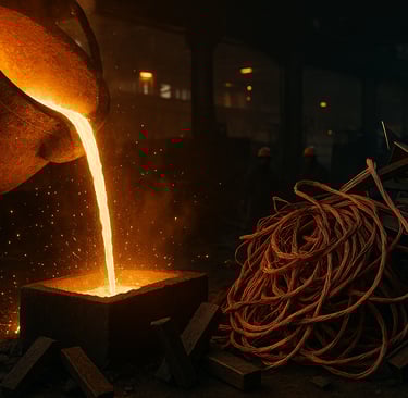 Molten metal pouring into a mold at a recycling plant, with copper wires, steel beams.