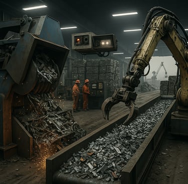 Ultra-realistic metal recycling plant with industrial shredder, robotic arm, control panel workers,