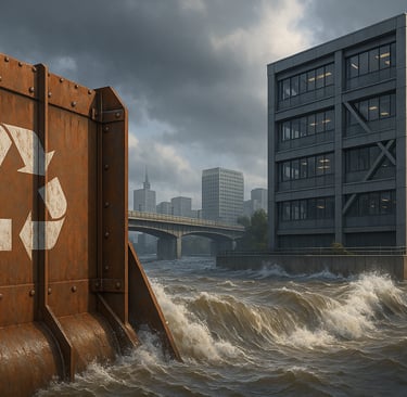 Flood barrier made of recycled steel facing storm surge near an earthquake-resistant building.