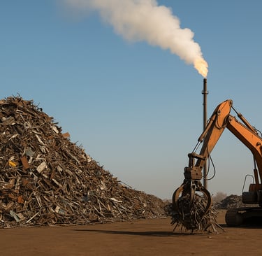 Scrap yard with metal pile, orange excavator, and flare stack emitting smoke
