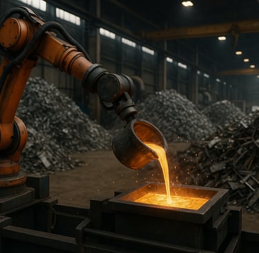 industrial robotic arm pouring molten metal into mold inside large scrap metal recycling factory 