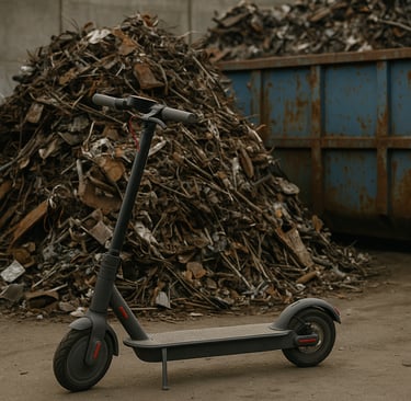 Abandoned e-scooter near scrap metal pile at recycling yard.