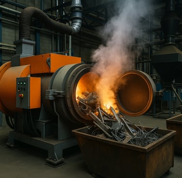 Industrial pyrolysis unit processing glowing steel scrap inside a factory.