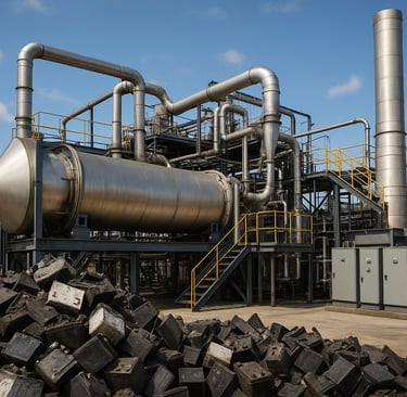 Lead recycling plant with large reactor, pipes, and broken battery casings in the foreground.