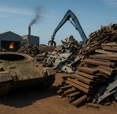Rusting military tank hull and scrap metal piles near an active recycling facility.