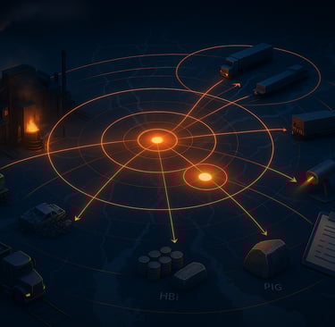 Glowing steel mill map with EAF hubs, scrap piles, and transport links.