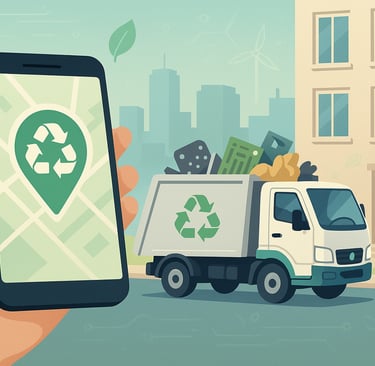 Smartphone showing recycling pickup app beside a collection truck in the city.
