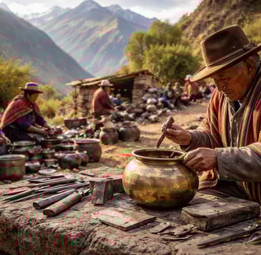 Andean villagers repairing metal cookware and tools outdoors in a mountain setting