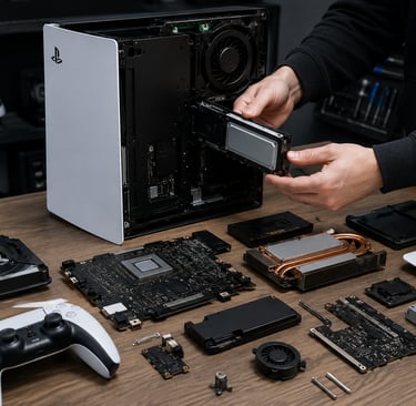 Technician removing a modular drive from an opened gaming console