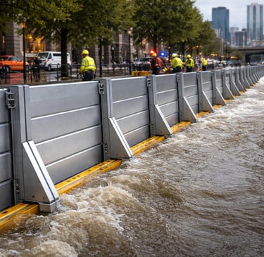 Modular recycled-metal flood barriers holding back rising water along an urban waterfront.