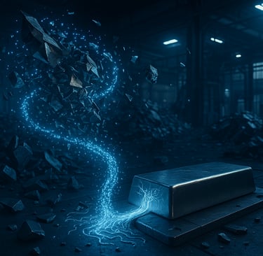 Glowing nanoparticles refine scrap metal into a polished ingot inside a futuristic recycling facilit