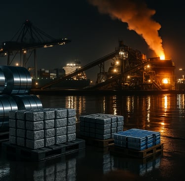 Nighttime nickel smelter with steel coils, nickel briquettes, and battery cells by the water.