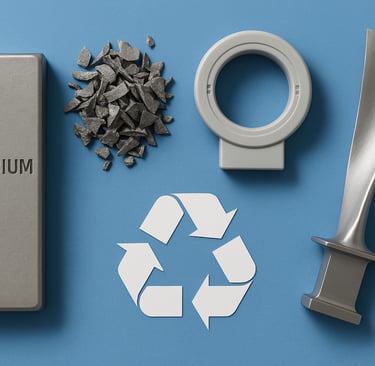 Niobium ingot, scrap, MRI coil, turbine blade, and recycling symbol on blue background.