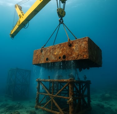 Underwater crane lifting a rusted metal platform from the ocean floor.