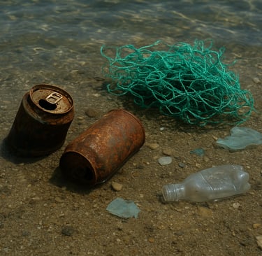 Rusty cans, fishing net, and plastic on a shallow seabed.
