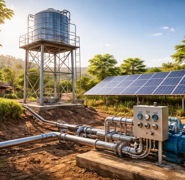 Off-grid solar water system with steel tank, metal pipes, and pumps in a rural setting.